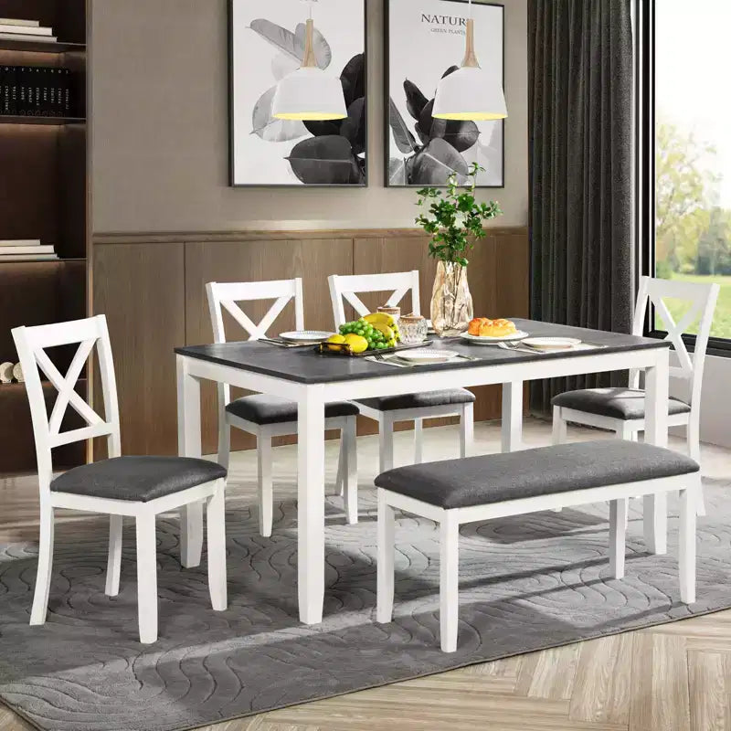 GDFStudio Alvarez Modern 6 Piece Upholstered Rubberwood Dining Chairs and Bench with Rectangular Dining Table