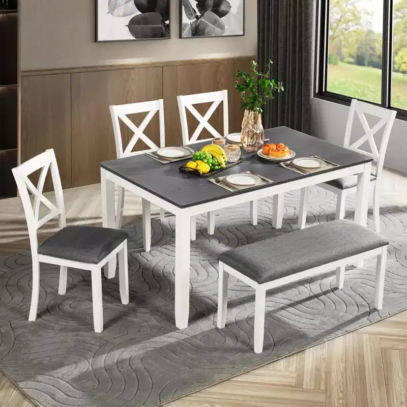 GDFStudio Alvarez Sedie e Panca da Pranzo Moderne in Gomma e Tessuto, Set da 6 Pezzi con Tavolo da Pranzo Rettangolare