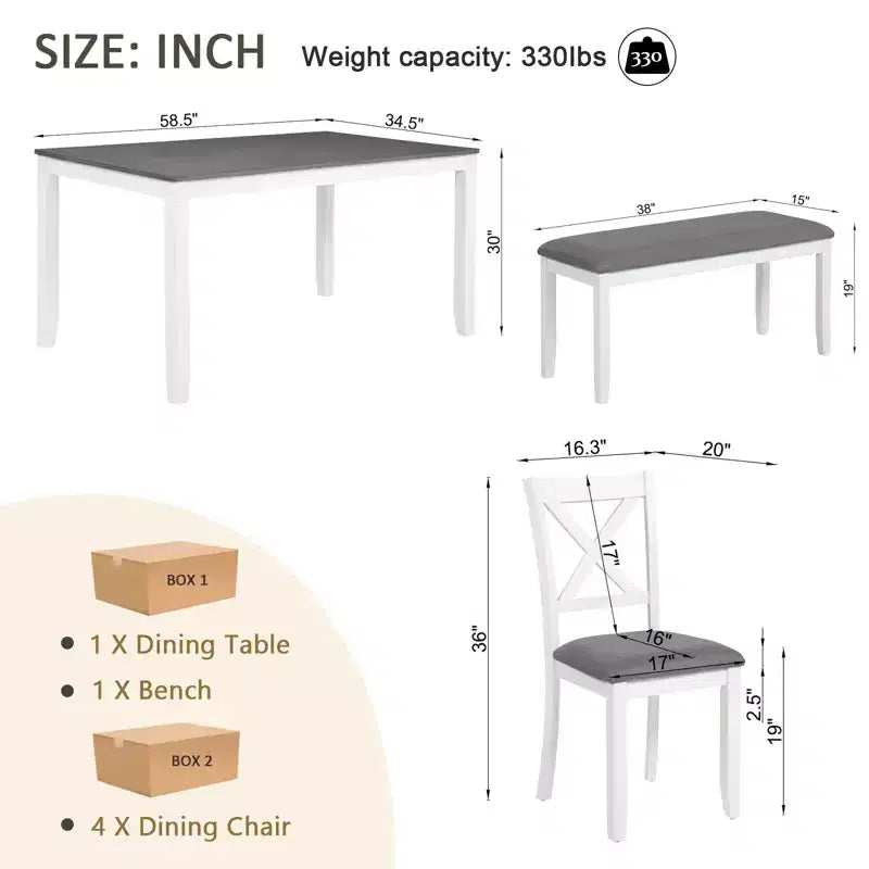 GDFStudio Alvarez Sedie e Panca da Pranzo Moderne in Gomma e Tessuto, Set da 6 Pezzi con Tavolo da Pranzo Rettangolare