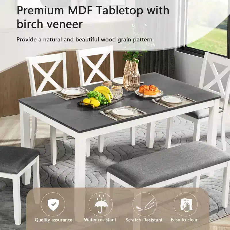 GDFStudio Alvarez Sedie e Panca da Pranzo Moderne in Gomma e Tessuto, Set da 6 Pezzi con Tavolo da Pranzo Rettangolare