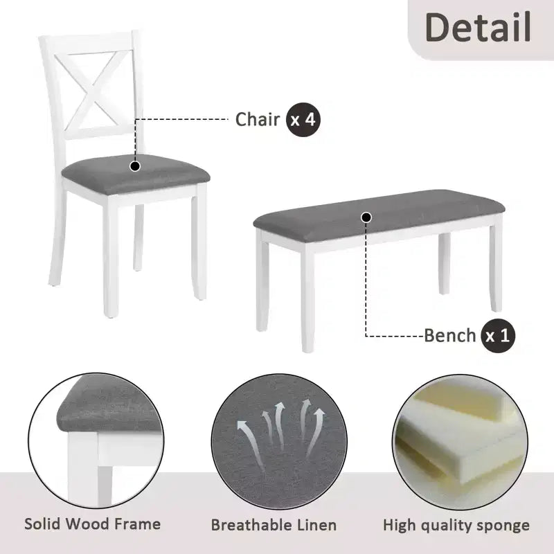GDFStudio Alvarez Sedie e Panca da Pranzo Moderne in Gomma e Tessuto, Set da 6 Pezzi con Tavolo da Pranzo Rettangolare
