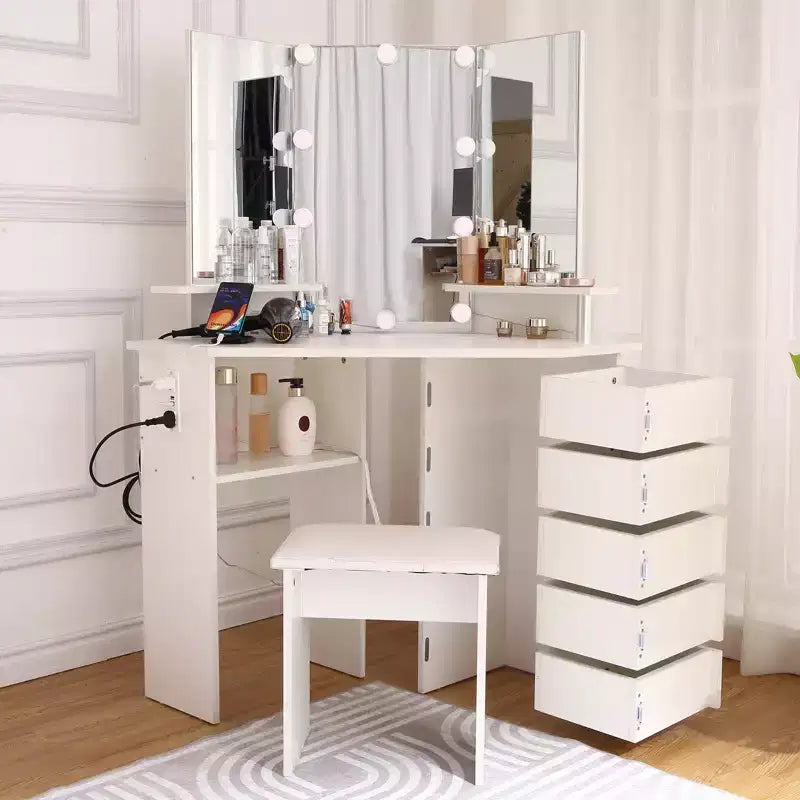 COZONY Angolo da Trucco con Luci, Tavolo da Toeletta con Presa di Corrente e Cassetti Girevoli per Camera da Letto