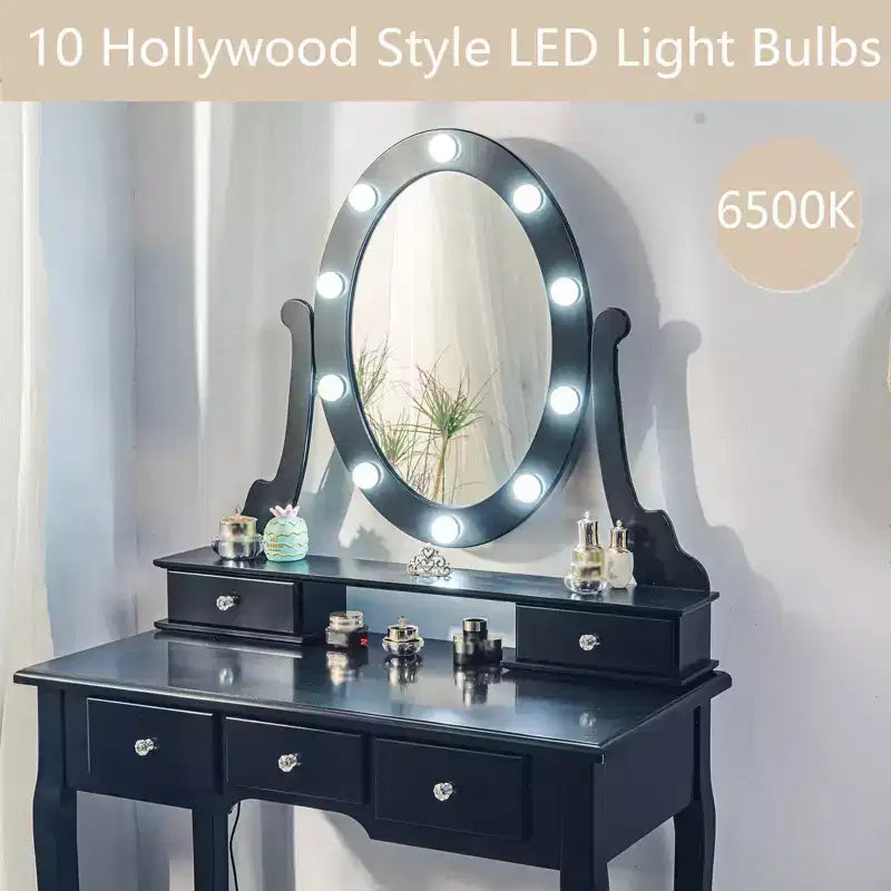 COZONY Scrivania da toeletta con luci, Tavolo da trucco in legno con specchio ovale e sgabello, illuminazione a 3 colori, 5 ampi cassetti