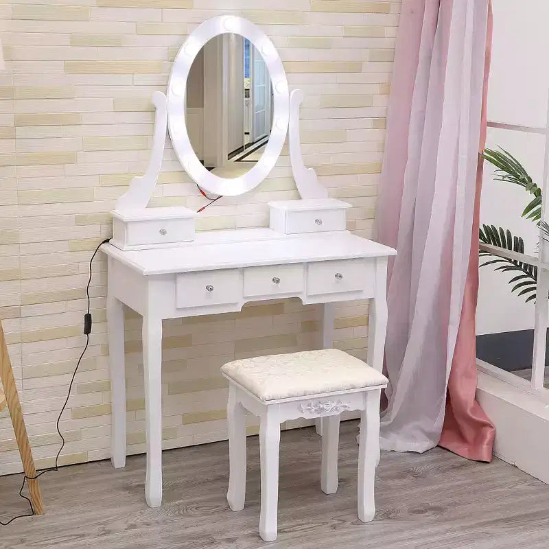 COZONY Scrivania da toeletta con luci, Tavolo da trucco in legno con specchio ovale e sgabello, illuminazione a 3 colori, 5 ampi cassetti