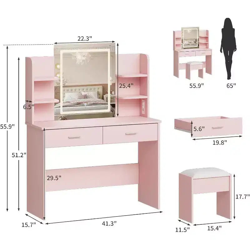 Acekool Toeletta con Specchio Illuminato, Sgabello, Presa Elettrica, 6 Ripiani, 2 Grandi Cassetti, LED Regolabile a 3 Colori, Postazione Trucco per Camera da Letto, Rosa