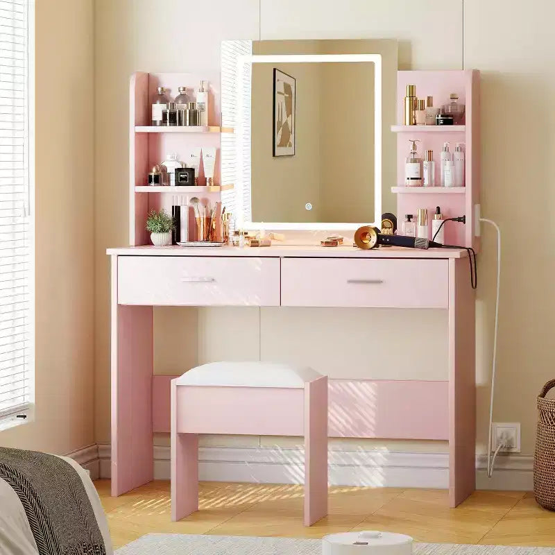 Acekool Toeletta con Specchio Illuminato, Sgabello, Presa Elettrica, 6 Ripiani, 2 Grandi Cassetti, LED Regolabile a 3 Colori, Postazione Trucco per Camera da Letto, Rosa