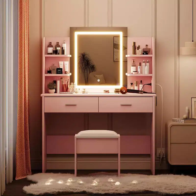 Acekool Toeletta con Specchio Illuminato, Sgabello, Presa Elettrica, 6 Ripiani, 2 Grandi Cassetti, LED Regolabile a 3 Colori, Postazione Trucco per Camera da Letto, Rosa