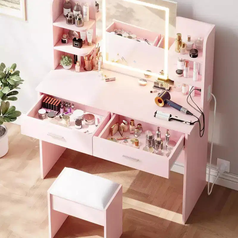 Acekool Toeletta con Specchio Illuminato, Sgabello, Presa Elettrica, 6 Ripiani, 2 Grandi Cassetti, LED Regolabile a 3 Colori, Postazione Trucco per Camera da Letto, Rosa