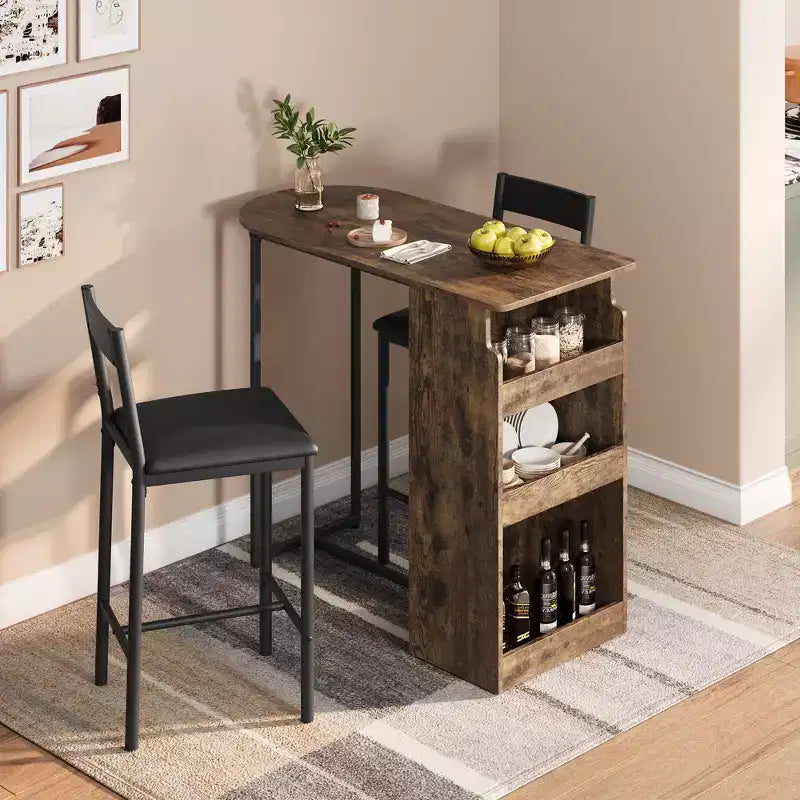 3 Piece Bar Table Set for 2, Counter Height Kitchen Table with 2 Stools & Storage Shelves, Pub Table and Chairs Set for Kitchen Living Room