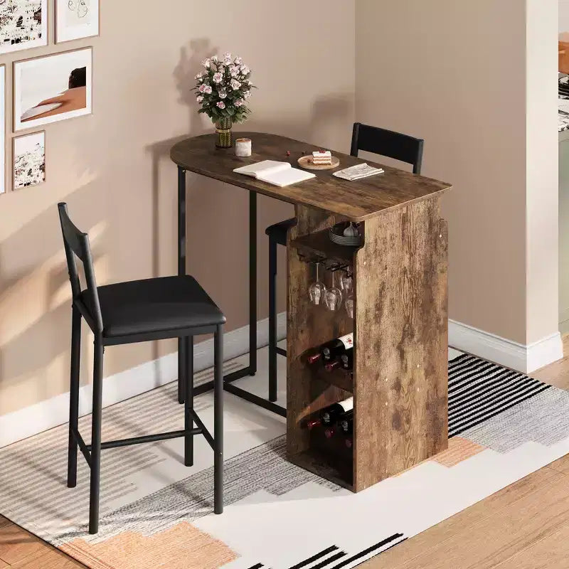 3 Piece Bar Table Set for 2, Counter Height Kitchen Table with 2 Stools & Storage Shelves & Wine Rack, Bar Table and Chair Set for Kitchen