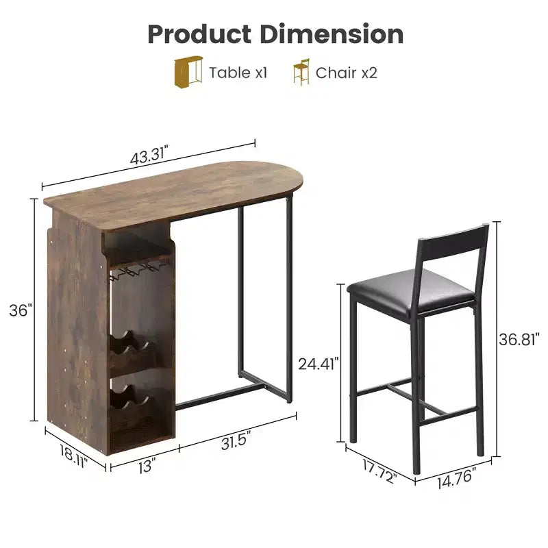 Set da 3 Pezzi Tavolo da Bar per 2, Tavolo da Cucina Altezza Bancone con 2 Sgabelli e Ripiani Contenitore e Portabottiglie, Set Tavolo e Sedie da Bar per Cucina