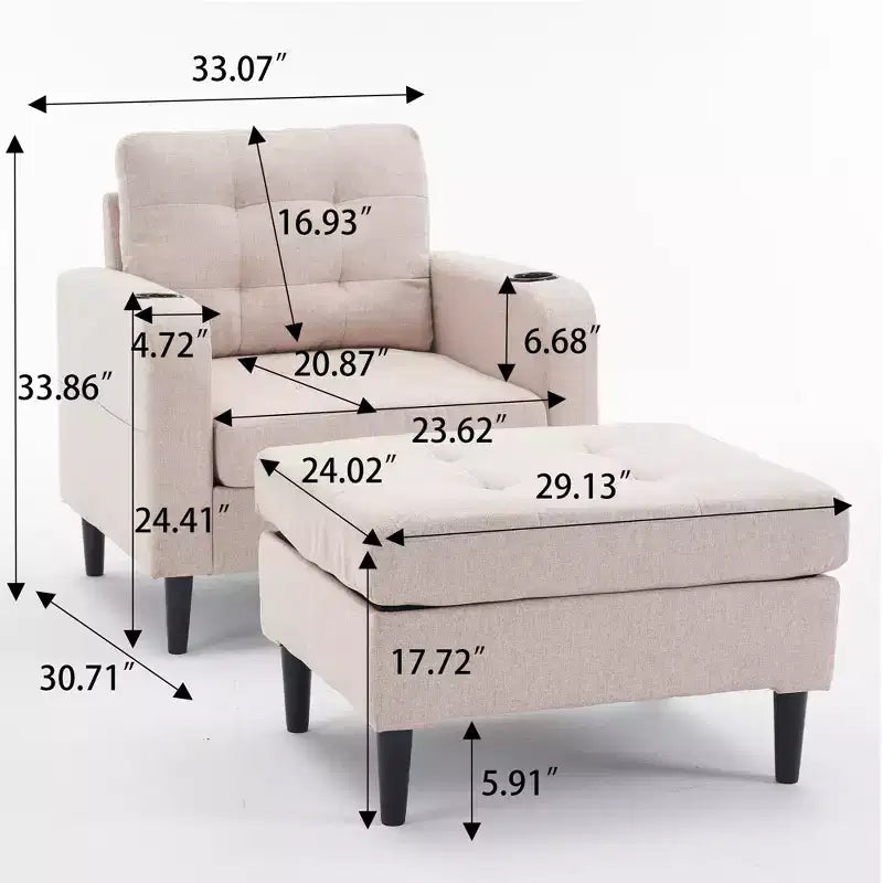 Modernes gepolstertes Sessel- und Stauraumhocker-Set Brooke von GDFStudio mit Knopfheftung