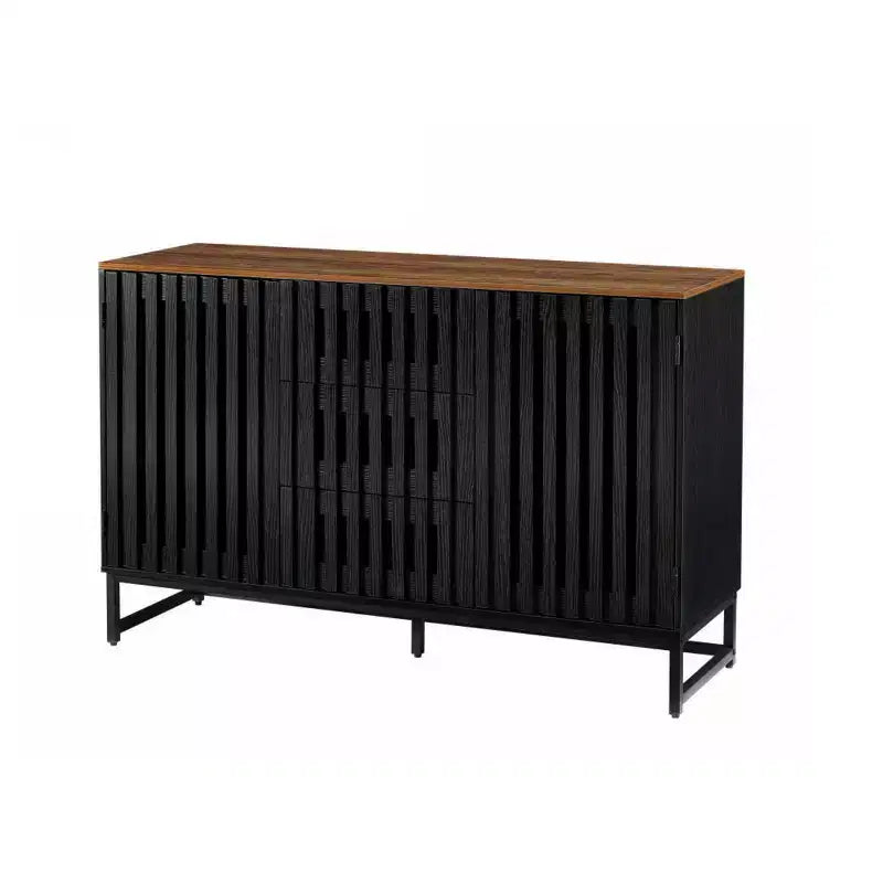 Credenza con contenitore, mobile contenitore con ante a strisce grigliate e cassetti contenitori