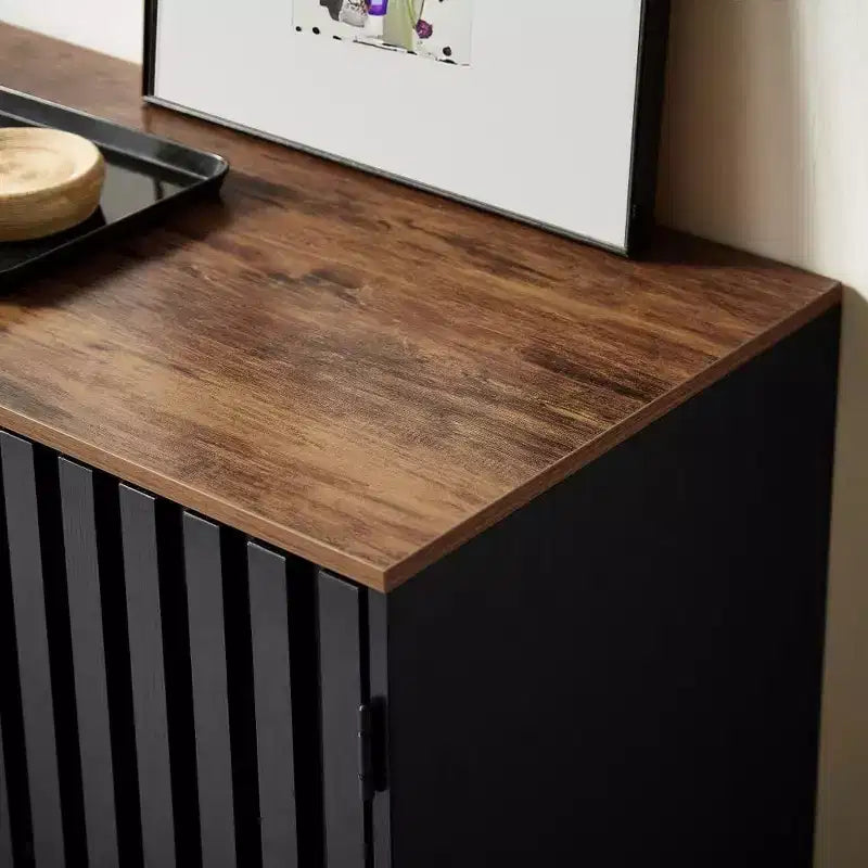 Credenza con contenitore, mobile contenitore con ante a strisce grigliate e cassetti contenitori