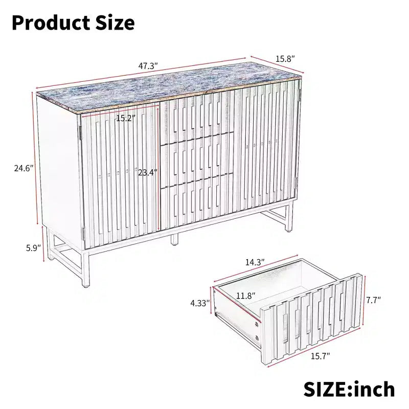 Credenza con contenitore, mobile contenitore con ante a strisce grigliate e cassetti contenitori