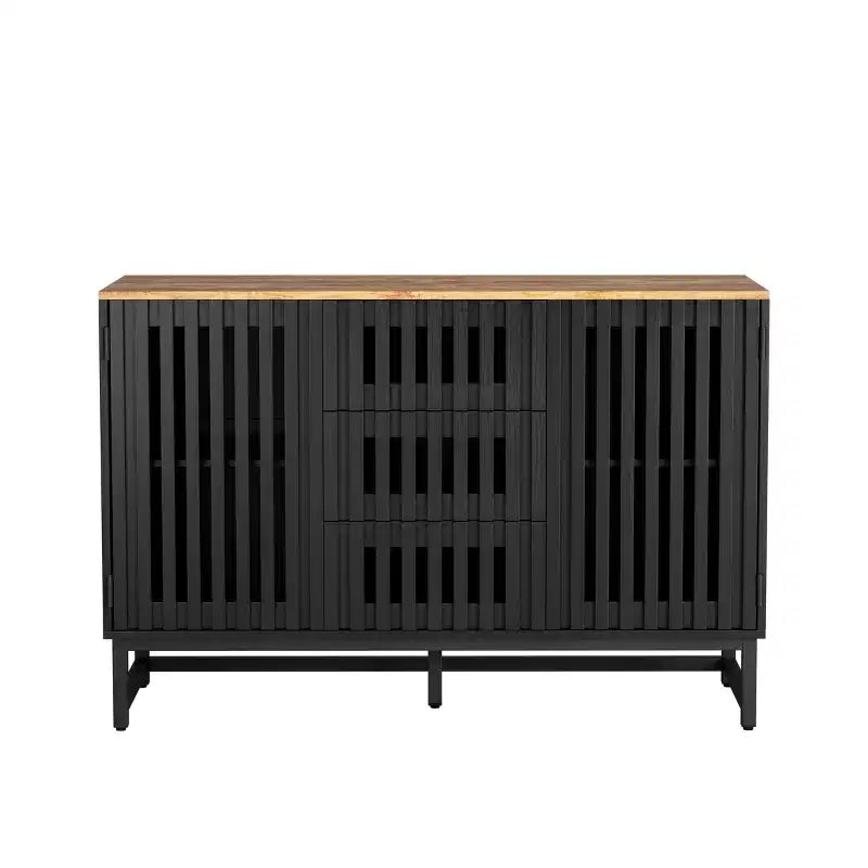 Credenza con contenitore, mobile contenitore con ante a strisce grigliate e cassetti contenitori