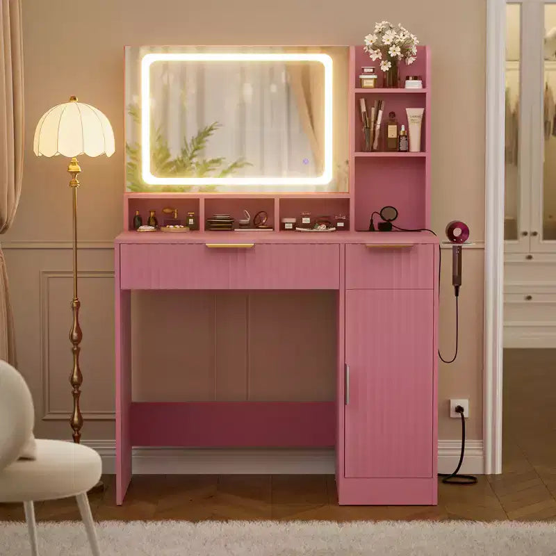 Besiost Toeletta con Specchio e 3 Luci Colorate, Scrivania da Trucco con Cassetti
