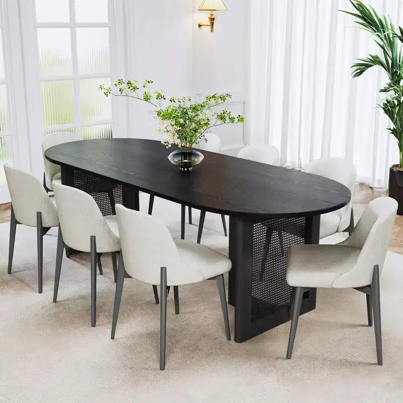 Tavolo da pranzo ovale da 79 pollici in legno di vite intrecciato color noce con 8 sedie, adatto per sala da pranzo e soggiorno