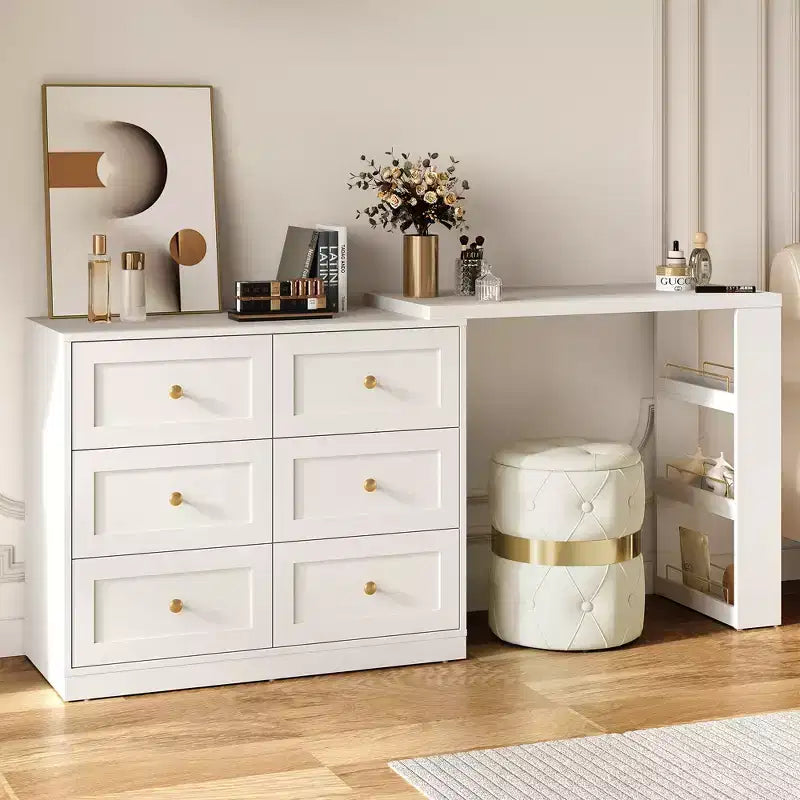 Heynemo Toeletta Angolare Estensibile a 6 Cassetti e Cassettiera Combinata con 3 Scaffali Laterali, Scrivania da Trucco, Tavolo da Toeletta in Legno per Camera da Letto