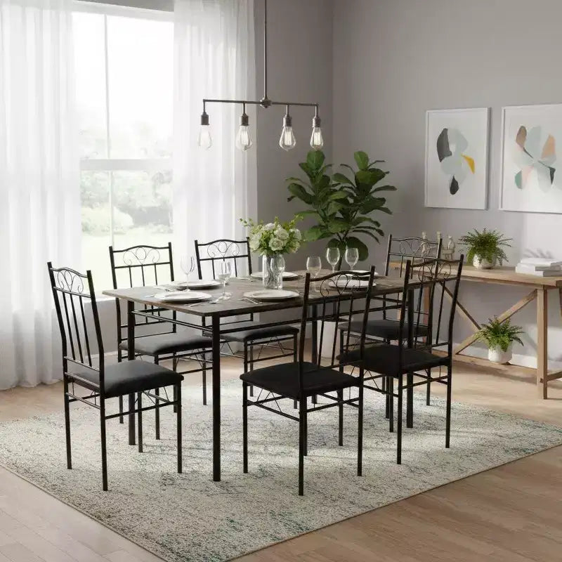FurnitureR Rectangular Dining Table with 6 PU Leather Chairs, Kitchen Table Set for 4-6 People, Vintage Brown/Black