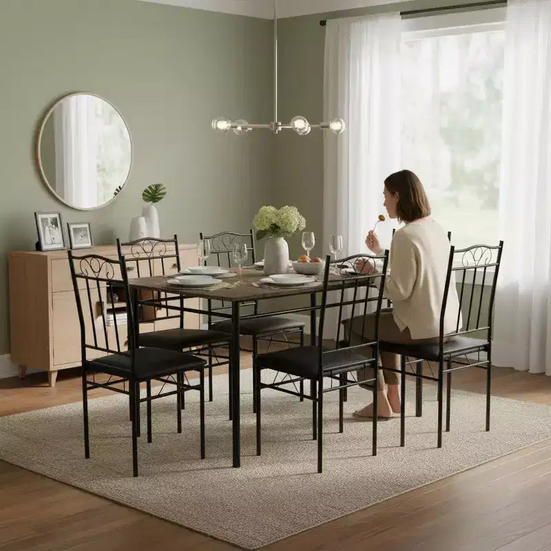FurnitureR Tavolo da Pranzo Rettangolare con 6 Sedie in Pelle PU, Set Tavolo da Cucina per 4-6 Persone, Marrone Vintage/Nero