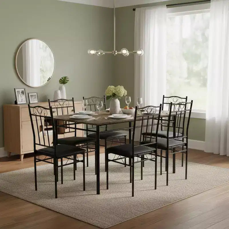 FurnitureR Tavolo da Pranzo Rettangolare con 6 Sedie in Pelle PU, Set Tavolo da Cucina per 4-6 Persone, Marrone Vintage/Nero