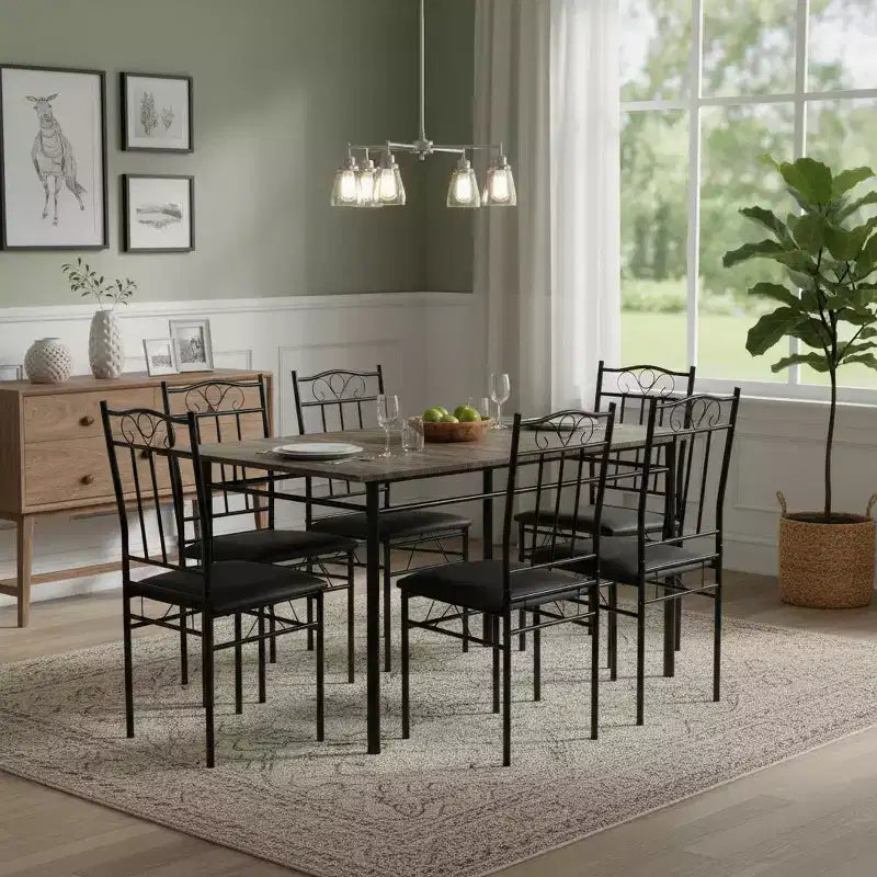 FurnitureR Tavolo da Pranzo Rettangolare con 6 Sedie in Pelle PU, Set Tavolo da Cucina per 4-6 Persone, Marrone Vintage/Nero