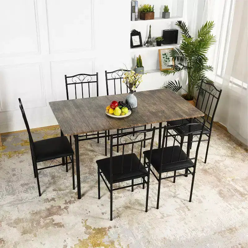 FurnitureR Tavolo da Pranzo Rettangolare con 6 Sedie in Pelle PU, Set Tavolo da Cucina per 4-6 Persone, Marrone Vintage/Nero