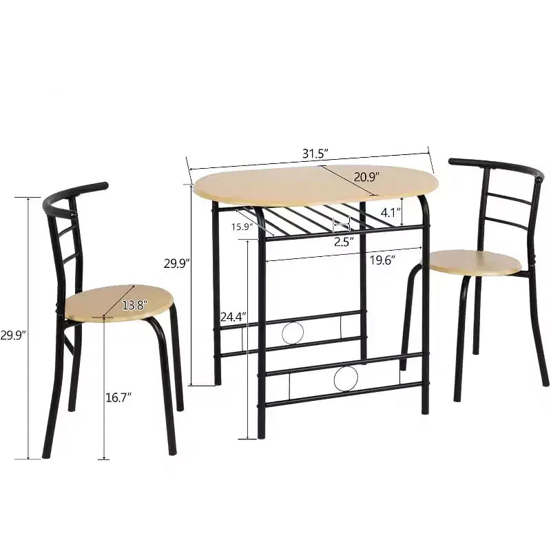VINGLI Set da pranzo 3 pezzi, Tavolo piccolo da cucina per 2, Set per la colazione, Tavolo in legno e 2 sedie