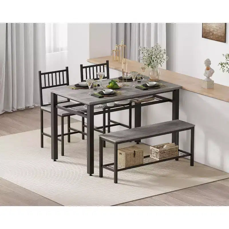 Set da pranzo per 4 persone, tavolo da cucina marrone con 2 sedie e panca, tavolo e panca con spazio contenitore, set da pranzo di 4 pezzi per spazi piccoli