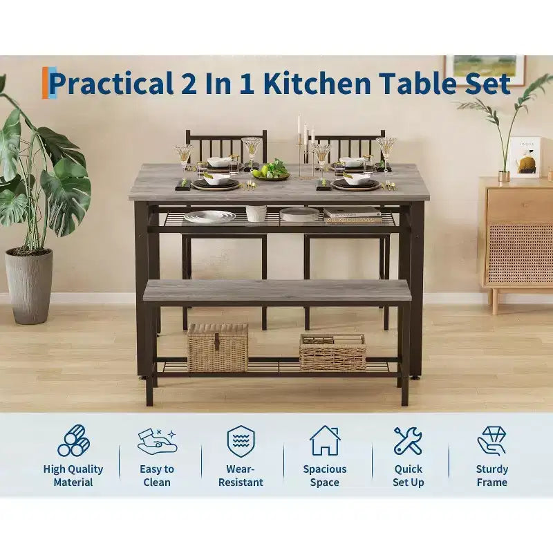Set da pranzo per 4 persone, tavolo da cucina marrone con 2 sedie e panca, tavolo e panca con spazio contenitore, set da pranzo di 4 pezzi per spazi piccoli