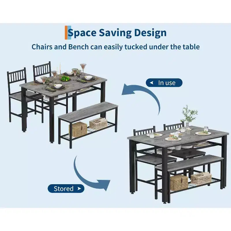 Set da pranzo per 4 persone, tavolo da cucina marrone con 2 sedie e panca, tavolo e panca con spazio contenitore, set da pranzo di 4 pezzi per spazi piccoli
