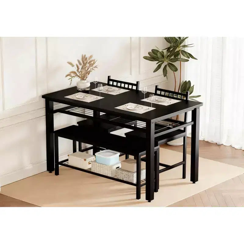 Set da pranzo per 4 persone, tavolo da cucina marrone con 2 sedie e panca, tavolo e panca con spazio contenitore, set da pranzo di 4 pezzi per spazi piccoli