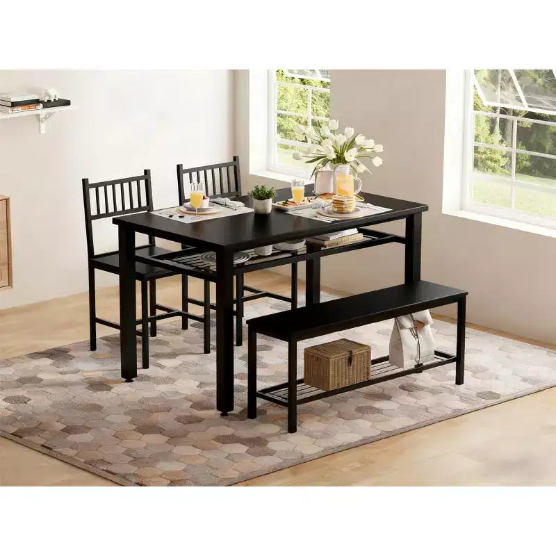 Set da pranzo per 4 persone, tavolo da cucina marrone con 2 sedie e panca, tavolo e panca con spazio contenitore, set da pranzo di 4 pezzi per spazi piccoli