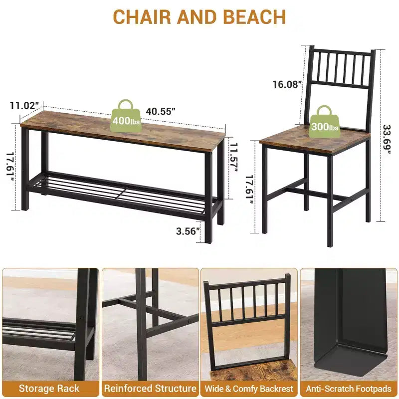 Set da pranzo per 4 persone, tavolo da cucina marrone con 2 sedie e panca, tavolo e panca con spazio contenitore, set da pranzo di 4 pezzi per spazi piccoli