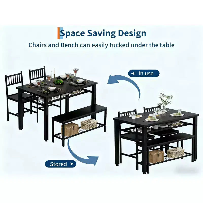 Set da pranzo per 4 persone, tavolo da cucina marrone con 2 sedie e panca, tavolo e panca con spazio contenitore, set da pranzo di 4 pezzi per spazi piccoli