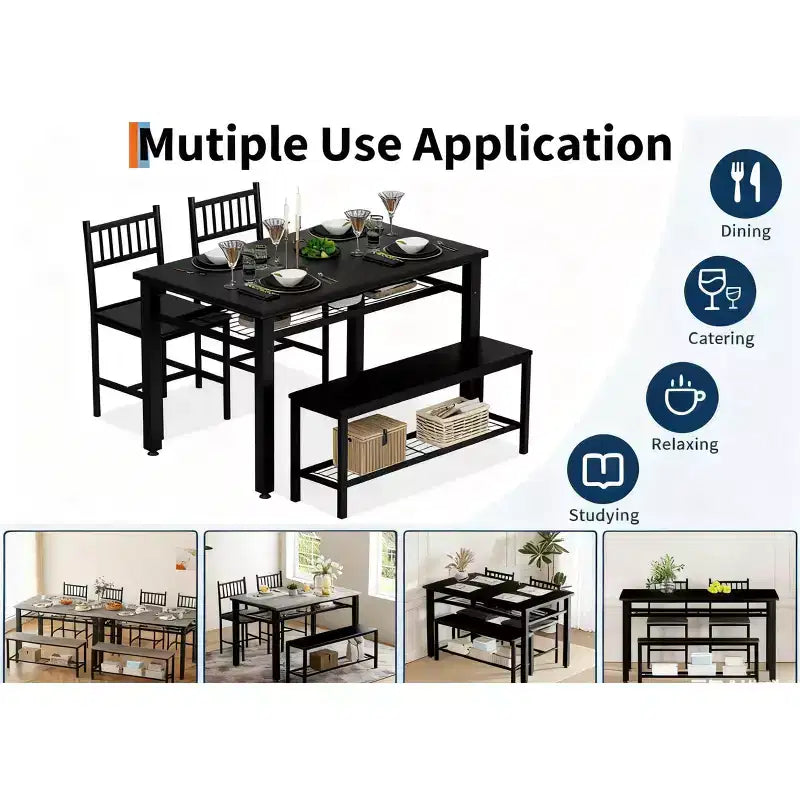 Set da pranzo per 4 persone, tavolo da cucina marrone con 2 sedie e panca, tavolo e panca con spazio contenitore, set da pranzo di 4 pezzi per spazi piccoli