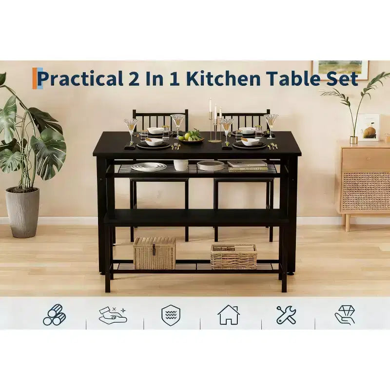 Set da pranzo per 4 persone, tavolo da cucina marrone con 2 sedie e panca, tavolo e panca con spazio contenitore, set da pranzo di 4 pezzi per spazi piccoli
