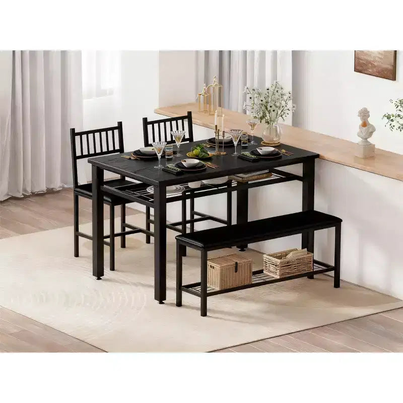 Dining Table Set for 4, Brown Kitchen Table with 2 Chairs and Bench, Table and Bench with Storage Place, 4 Piece Dining Table Set for Small Space