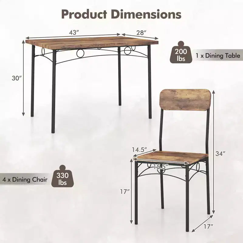 Costway Set 5 Pezzi Mobili da Cucina Industriale Sala da Pranzo con Tavolo Rettangolare in Legno e 4 Sedie
