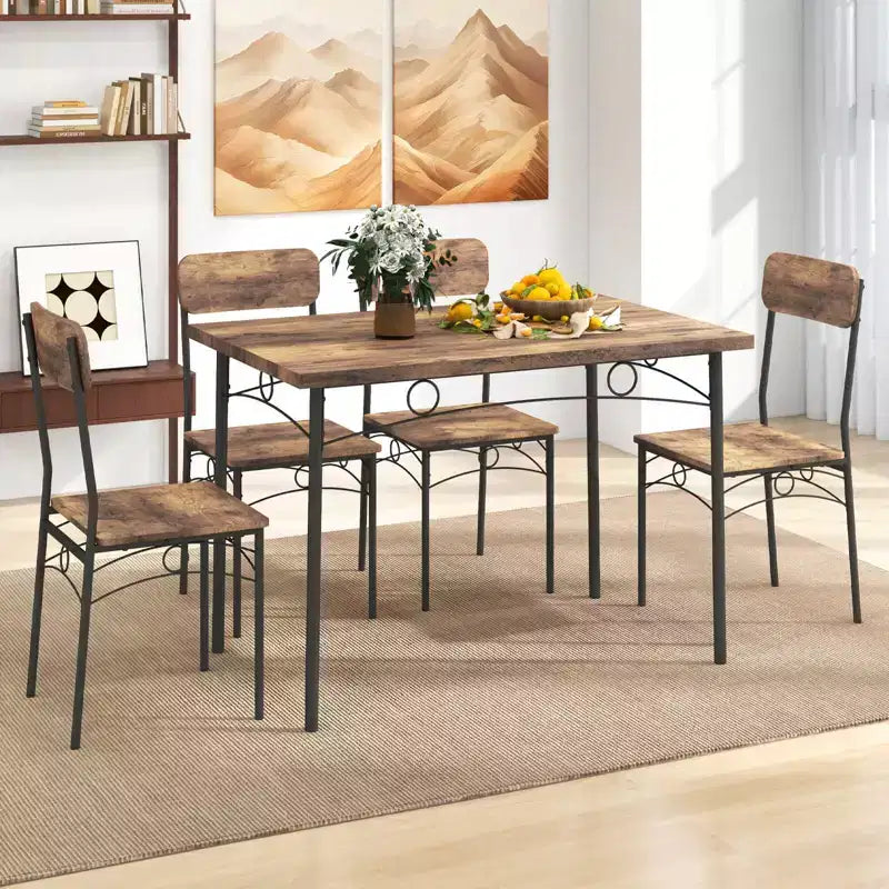 Costway Set 5 Pezzi Mobili da Cucina Industriale Sala da Pranzo con Tavolo Rettangolare in Legno e 4 Sedie