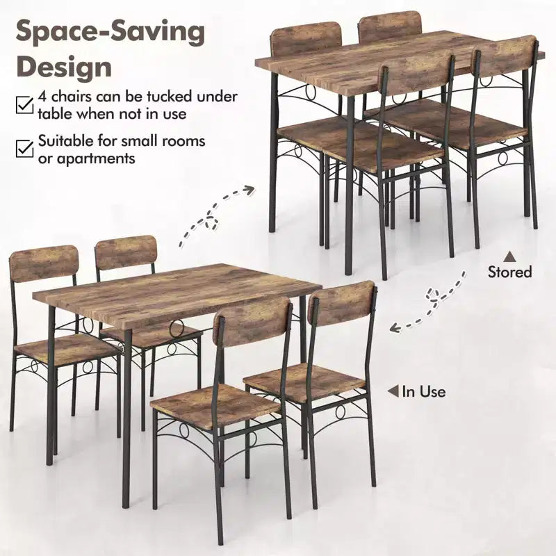 Costway Set 5 Pezzi Mobili da Cucina Industriale Sala da Pranzo con Tavolo Rettangolare in Legno e 4 Sedie