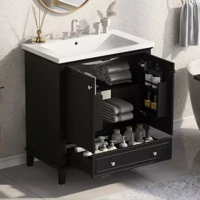 Mobile Bagno con Lavabo Singolo, Mobiletto Bagno Moderno da Terra con 2 Ante e 1 Cassetto