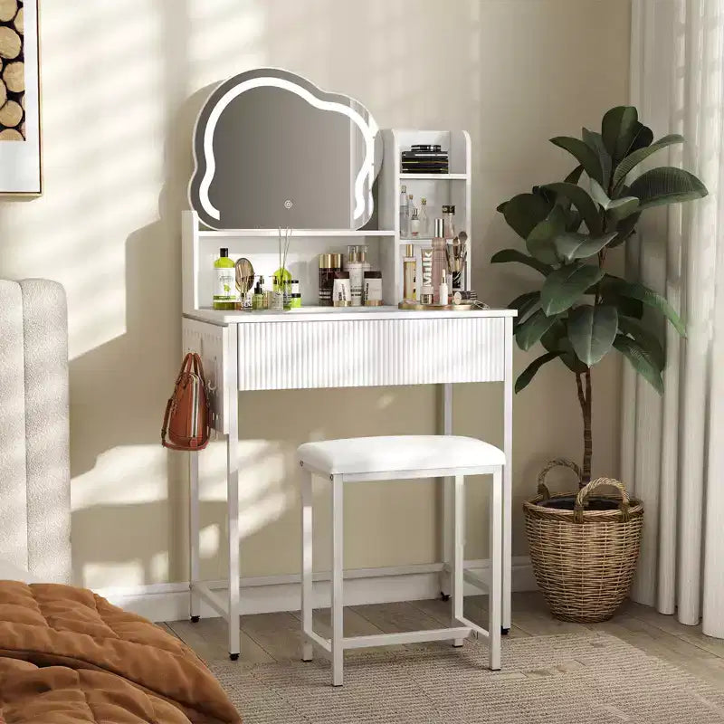 Set Toc. da Trucco con Specchio Illuminato a LED e Presa di Corrente, Tavolo da Trucco