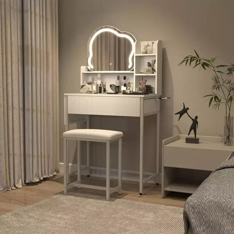 Set Toc. da Trucco con Specchio Illuminato a LED e Presa di Corrente, Tavolo da Trucco