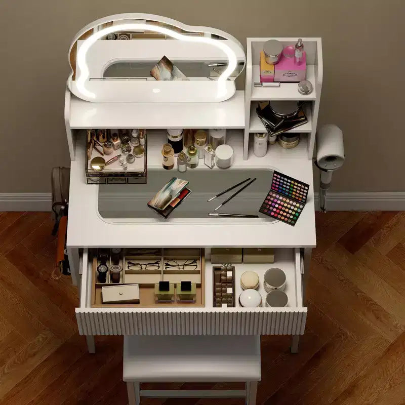 Set Toc. da Trucco con Specchio Illuminato a LED e Presa di Corrente, Tavolo da Trucco