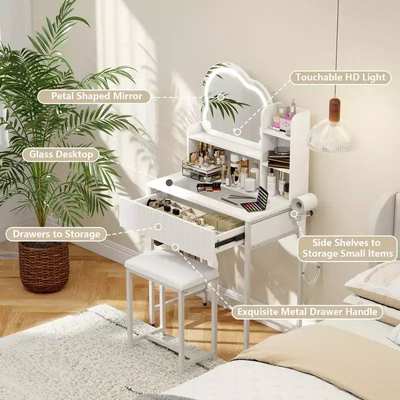 Set Toc. da Trucco con Specchio Illuminato a LED e Presa di Corrente, Tavolo da Trucco