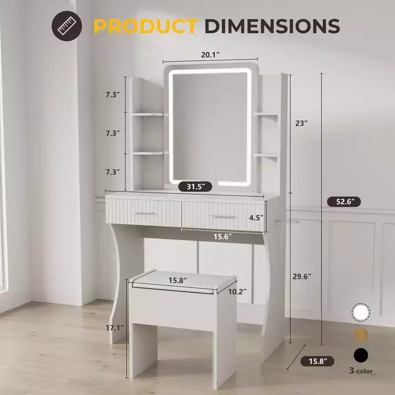Coiffeuse con Specchio Illuminato a LED, Scrivania da Trucco con 3 Luci Regolabili, Coiffeuse Bianca con Sgabello Contenitore per Camera da Letto