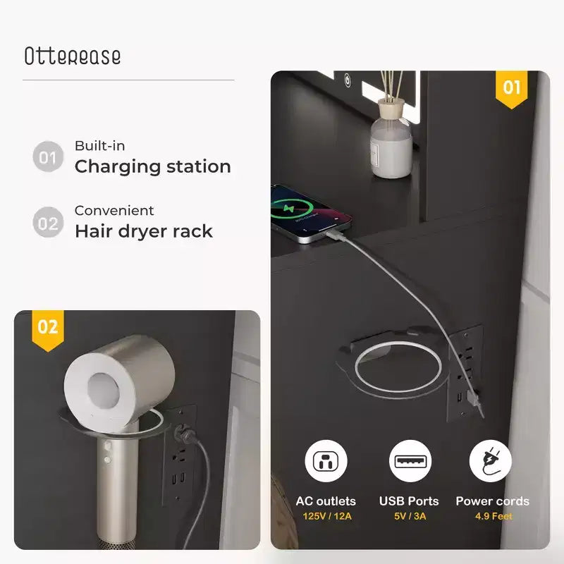 Coiffeuse con Specchio Illuminato a LED, Scrivania da Trucco con 3 Luci Regolabili, Coiffeuse Bianca con Sgabello Contenitore per Camera da Letto