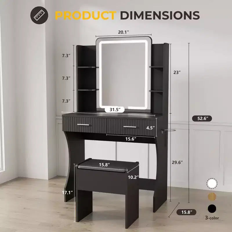 Coiffeuse con Specchio Illuminato a LED, Scrivania da Trucco con 3 Luci Regolabili, Coiffeuse Bianca con Sgabello Contenitore per Camera da Letto